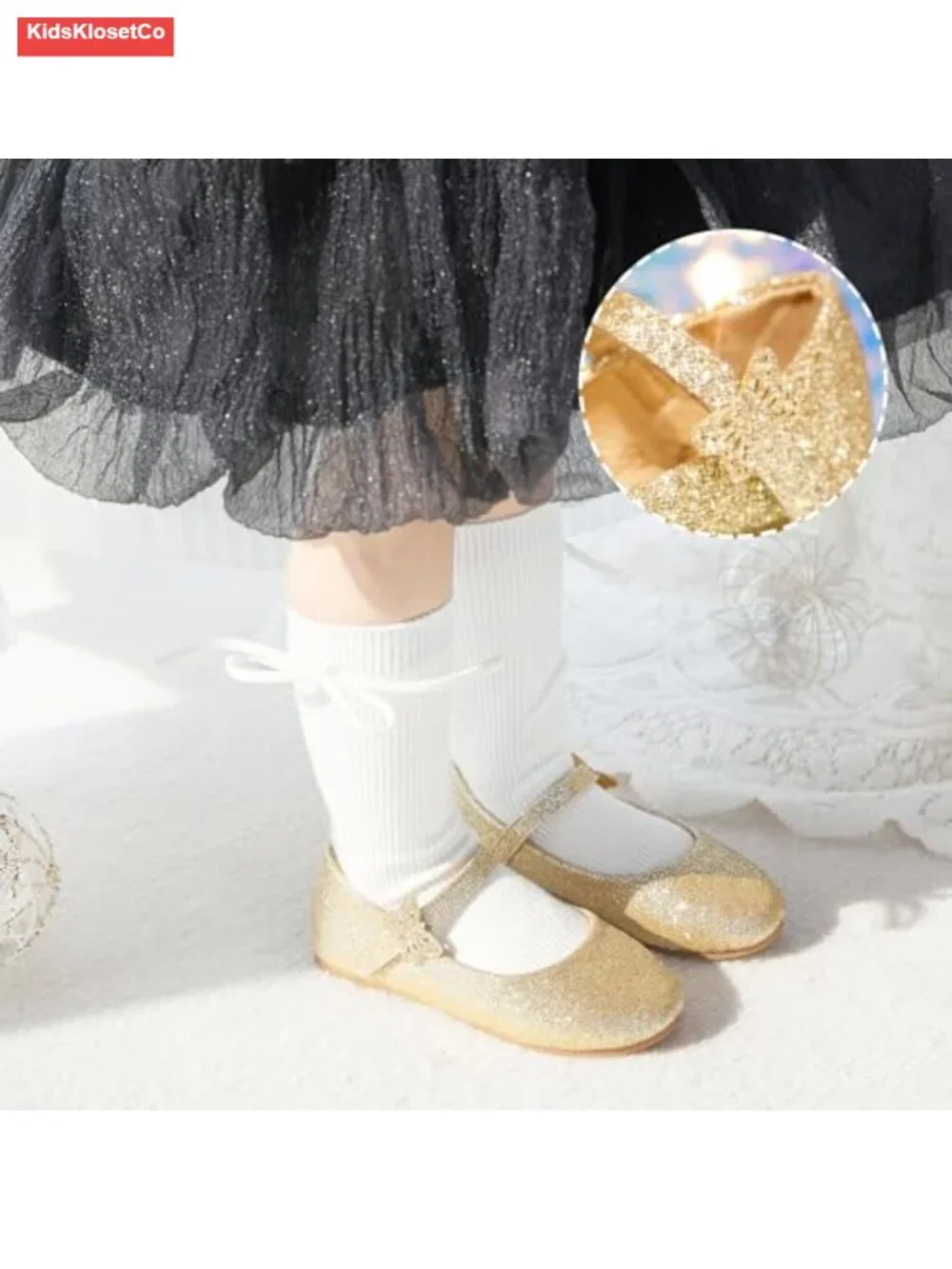 Toddler Girls Mary Janes Ballerina Flats - Glitter Hook & Loop Dress Shoes
